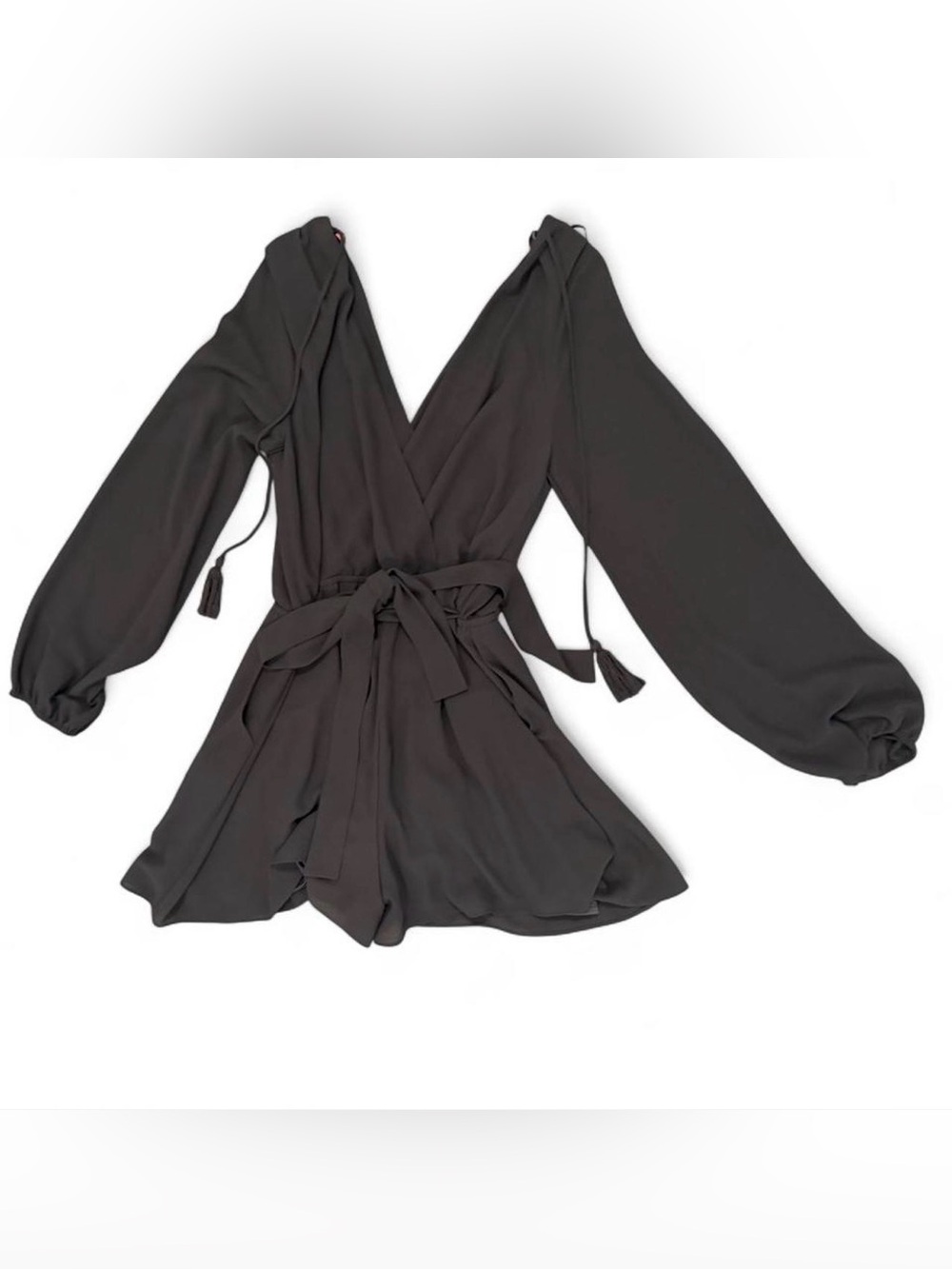 Fairycore Charcoal Gray Wrap Romper from Zebra Wrap with adjustable waist. Large